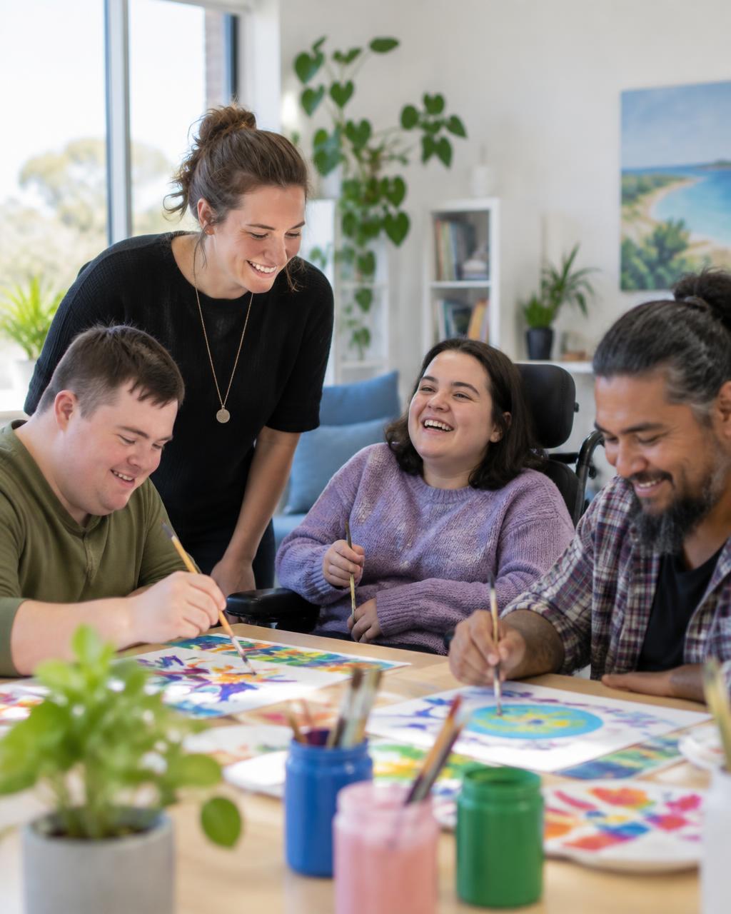 Participants enjoying a collaborative art activity with a support worker