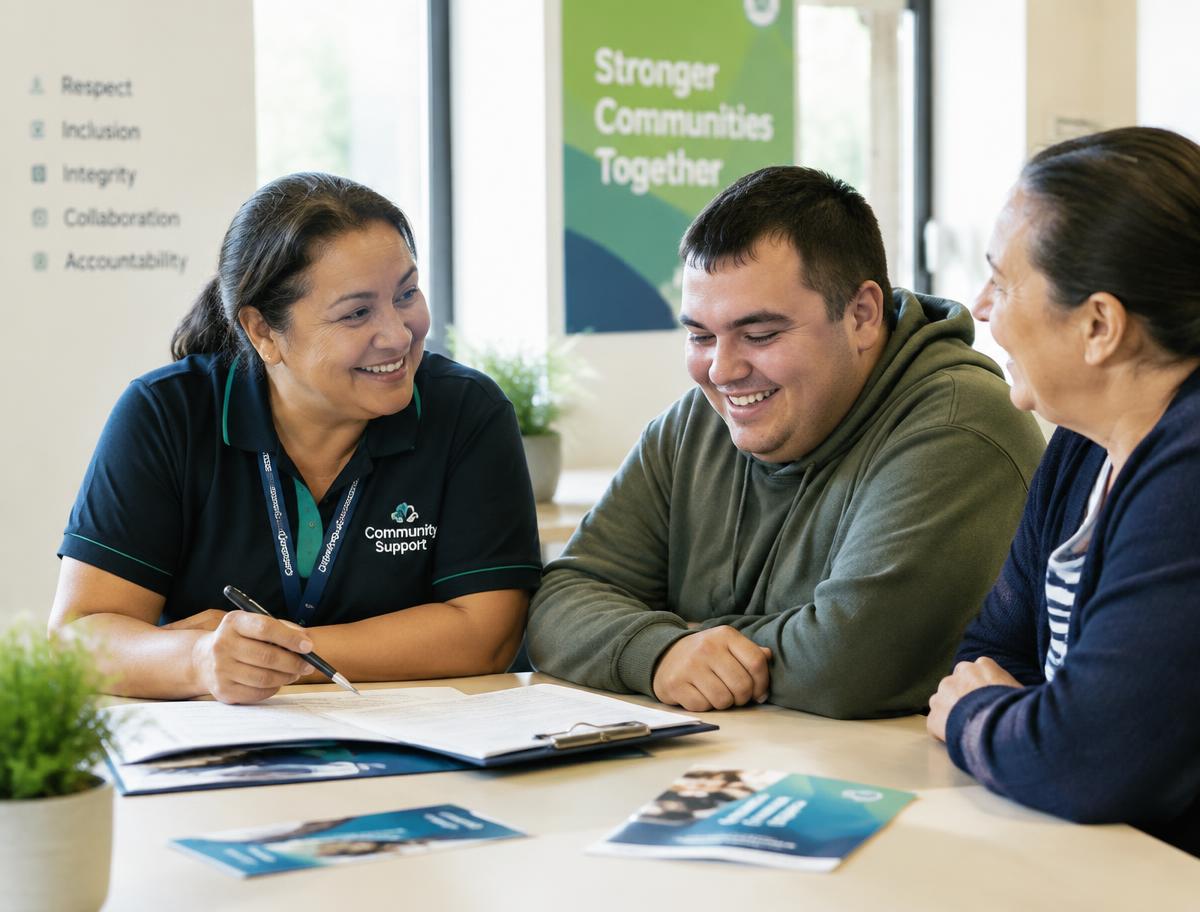 Support worker discussing a referral with a participant and family member
