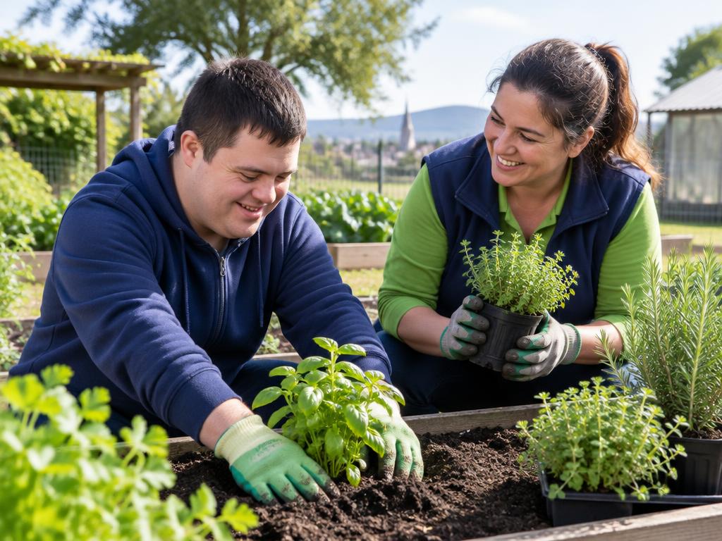 A participant developing gardening skills with support