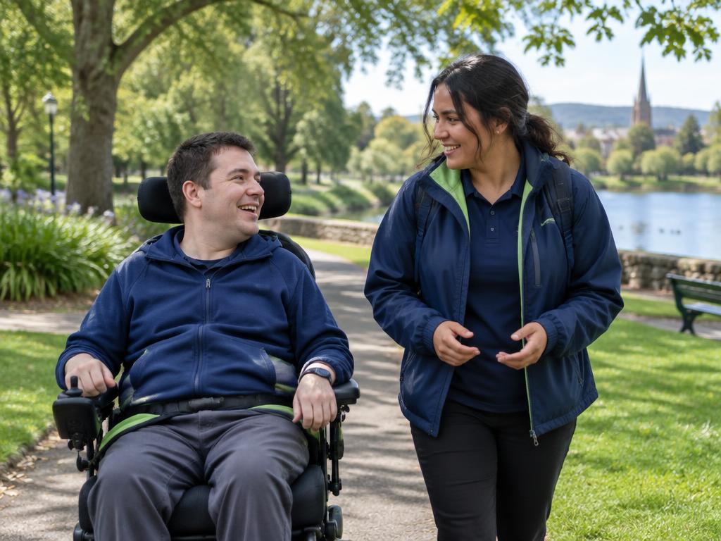 A participant and support worker enjoying a Ballarat park