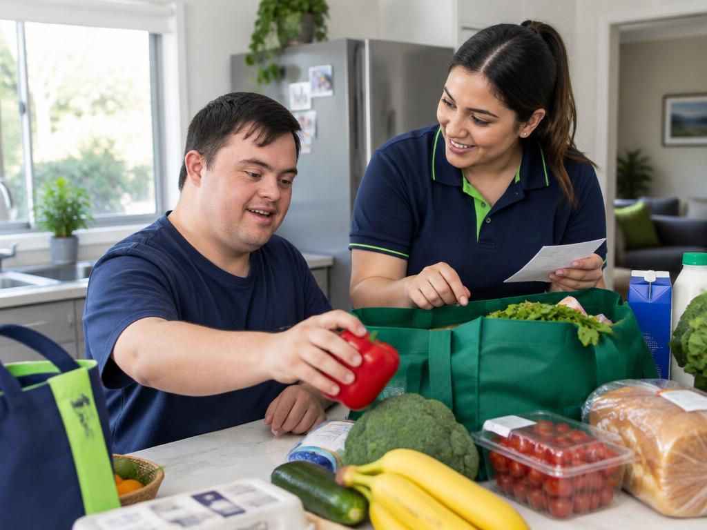 A participant receiving assistance while organising groceries