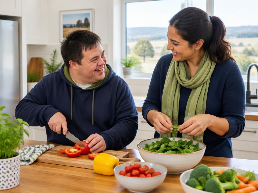 A participant and support worker preparing a healthy meal together