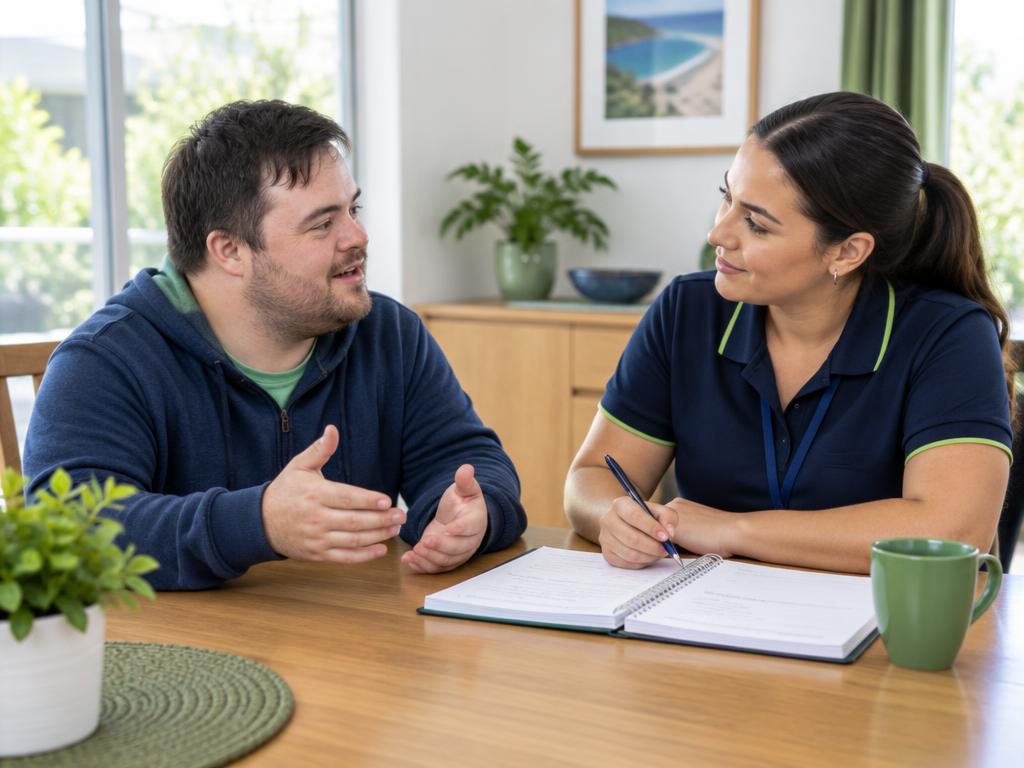 A participant discussing personal goals with a support worker