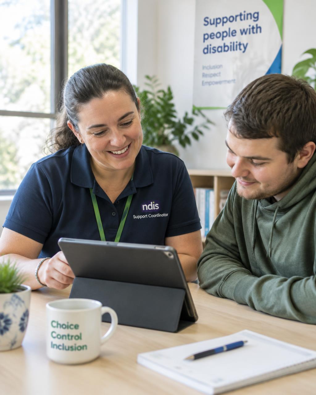A support coordinator reviewing an NDIS plan with a participant